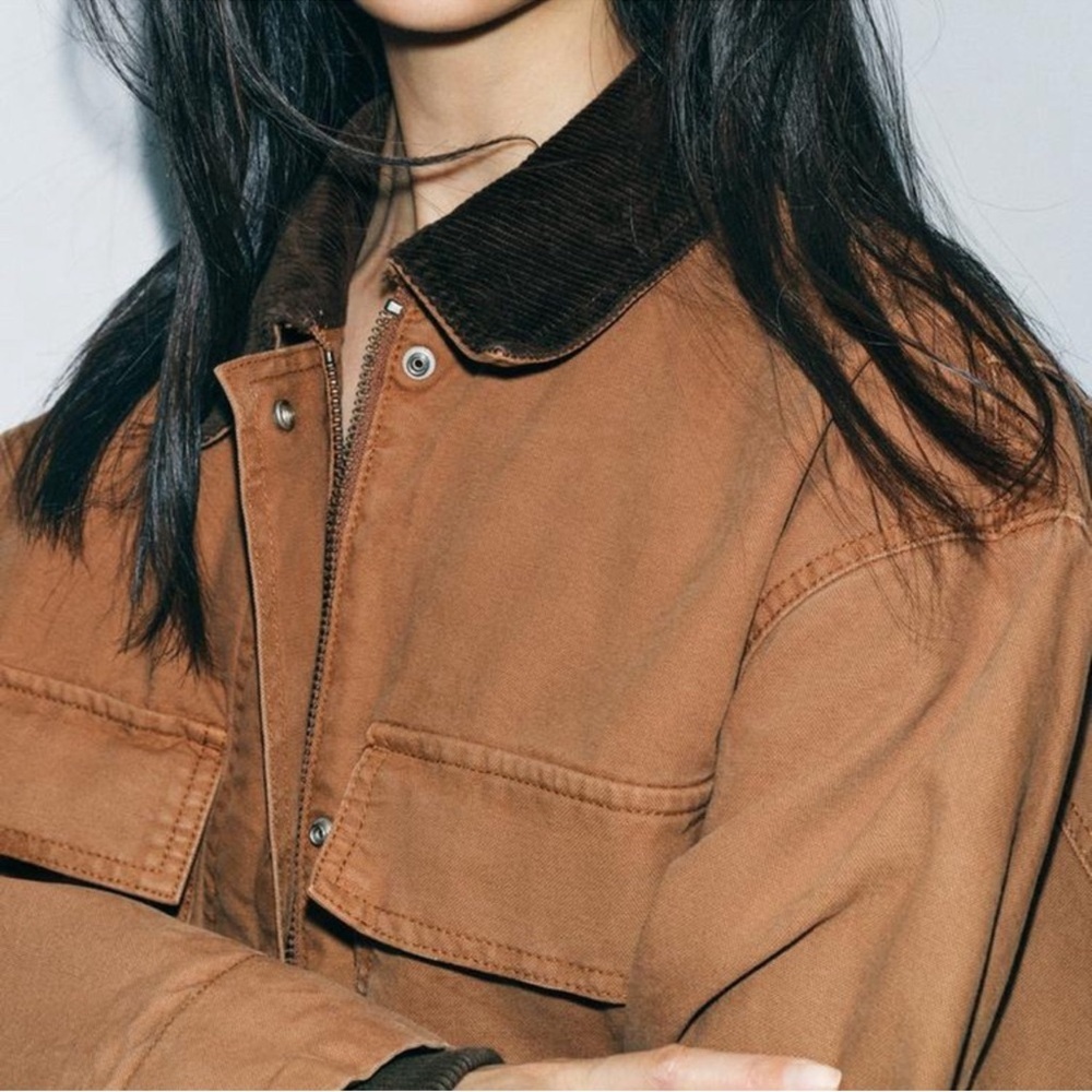 Zara ZW Contrast Collar Padded Oversized Jacket in Caramel Gorpcore NWT L - Picture 3 of 16